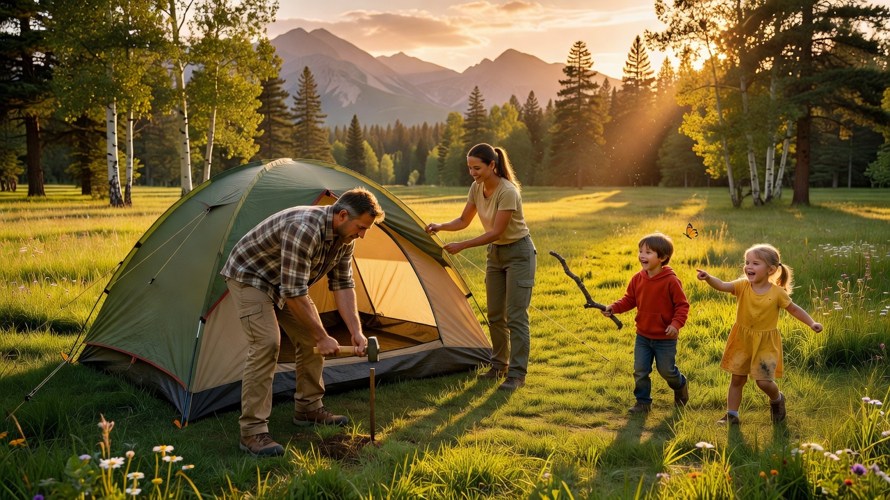 Family setting up camp in a sunny meadow with mountains