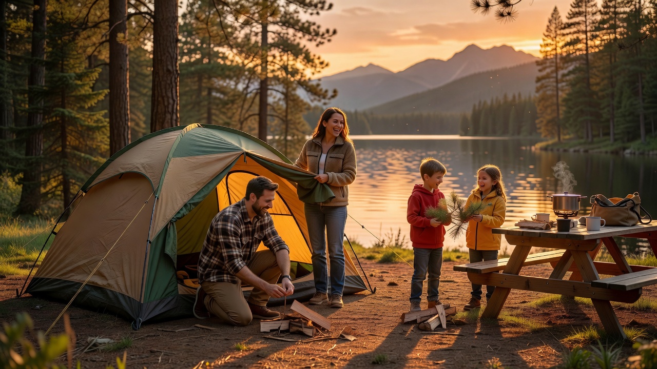 Family setting up camp at a lakeside campground