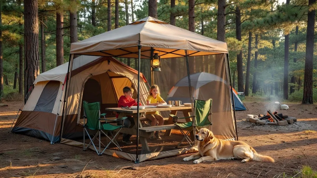 A family campsite at golden hour with a cabin tent beside a screened canopy shelter containing a picnic table, lantern, kids, and a dog
