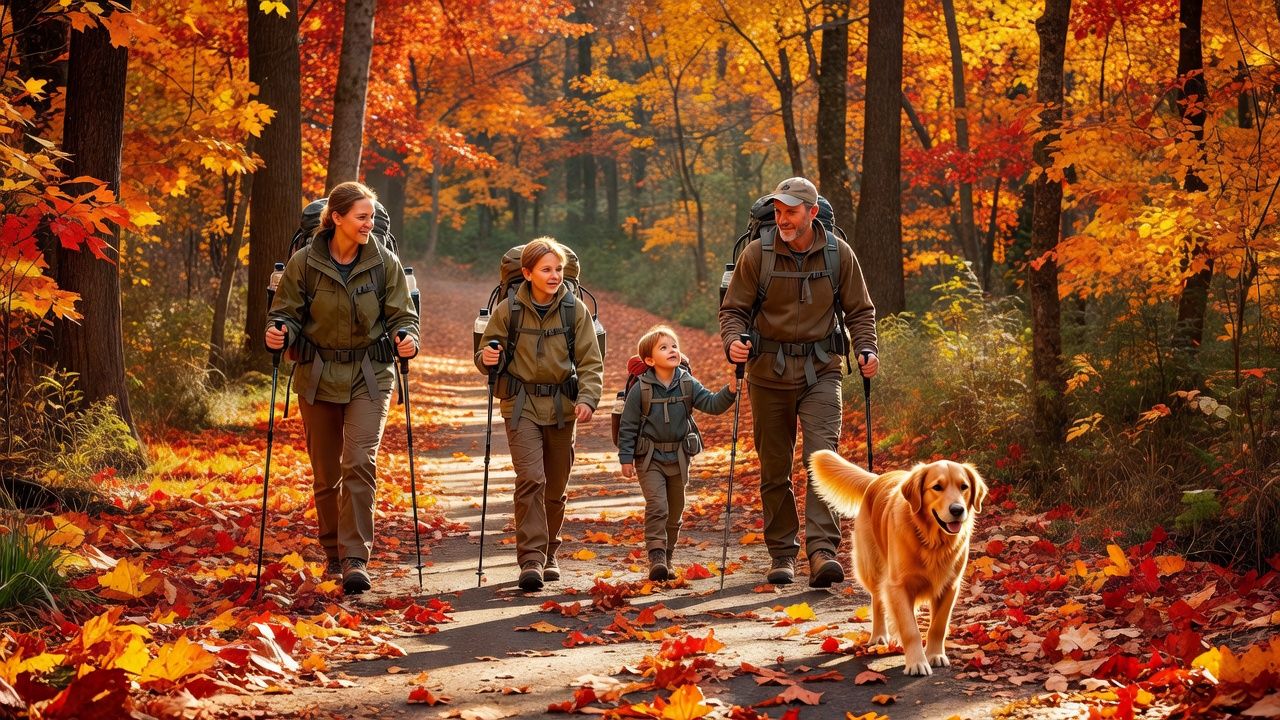 A family hiking a leaf-covered October trail with trekking poles and a dog