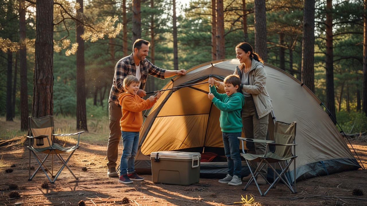 Family setting up camp at golden hour, tent half-raised, kids helping with poles