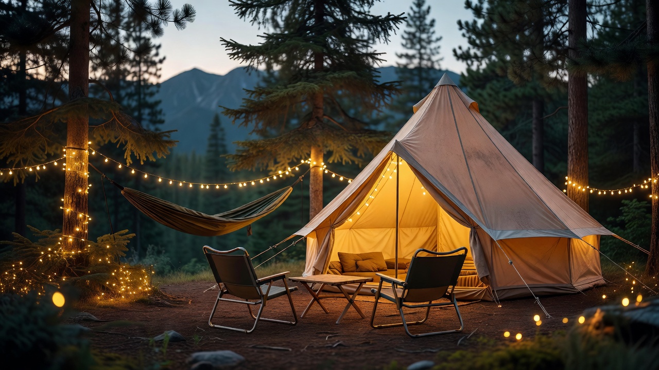 A cozy glamping campsite at dusk with a glowing tent, string lights, low camp chairs, and a hammock between trees