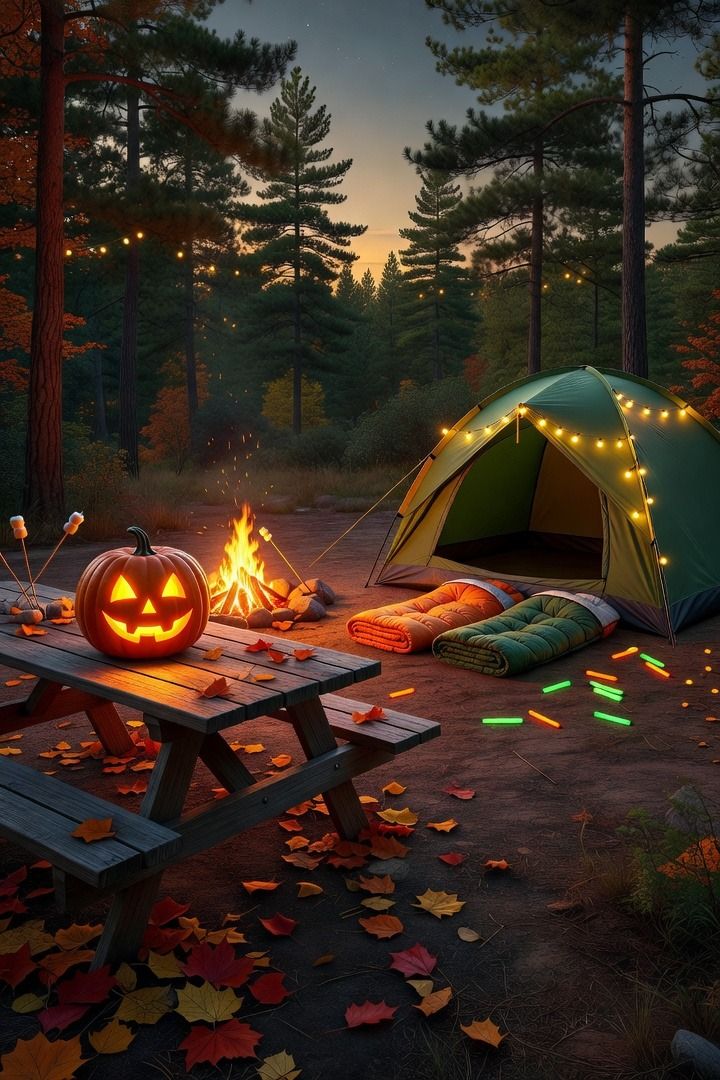 A jack-o'-lantern glowing on a picnic table beside a string-lit tent at dusk, campfire and glow sticks in the foreground