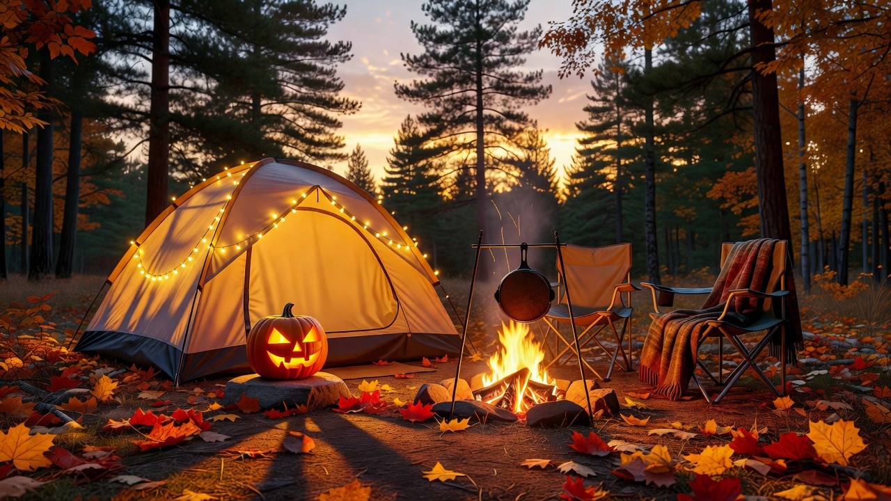 A family Halloween campsite at golden hour: glowing dome tent with string lights, carved jack-o'-lantern, campfire with cast iron, and autumn leaves