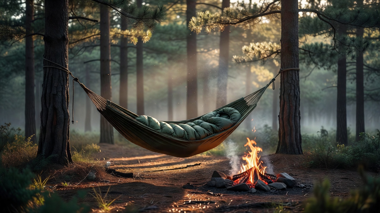 Hammock strung between pine trees at golden hour in a misty forest