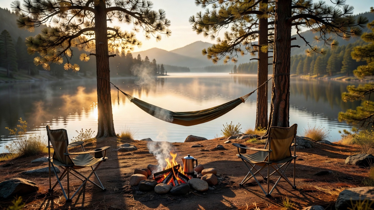 Relaxing in a hammock over a mountain lake at sunrise
