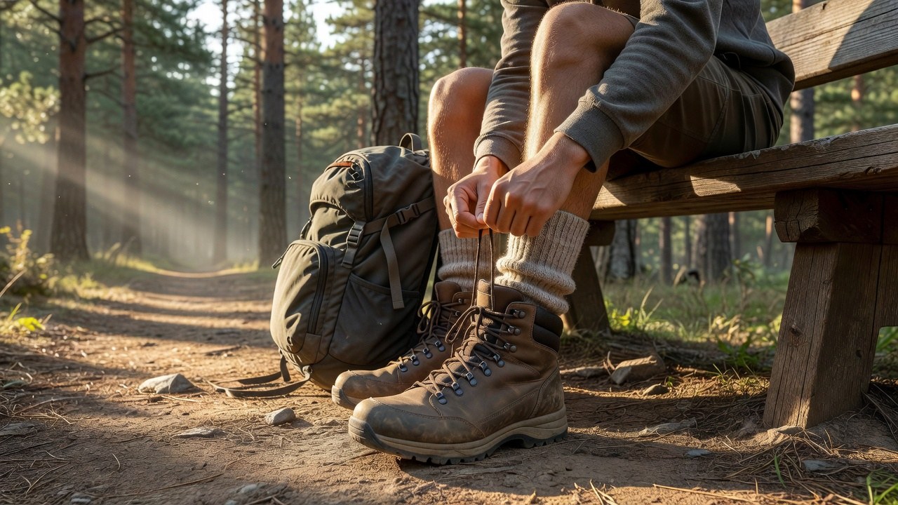 A hiker lacing up a sturdy waterproof hiking boot on a trailhead bench in golden morning light, daypack beside them