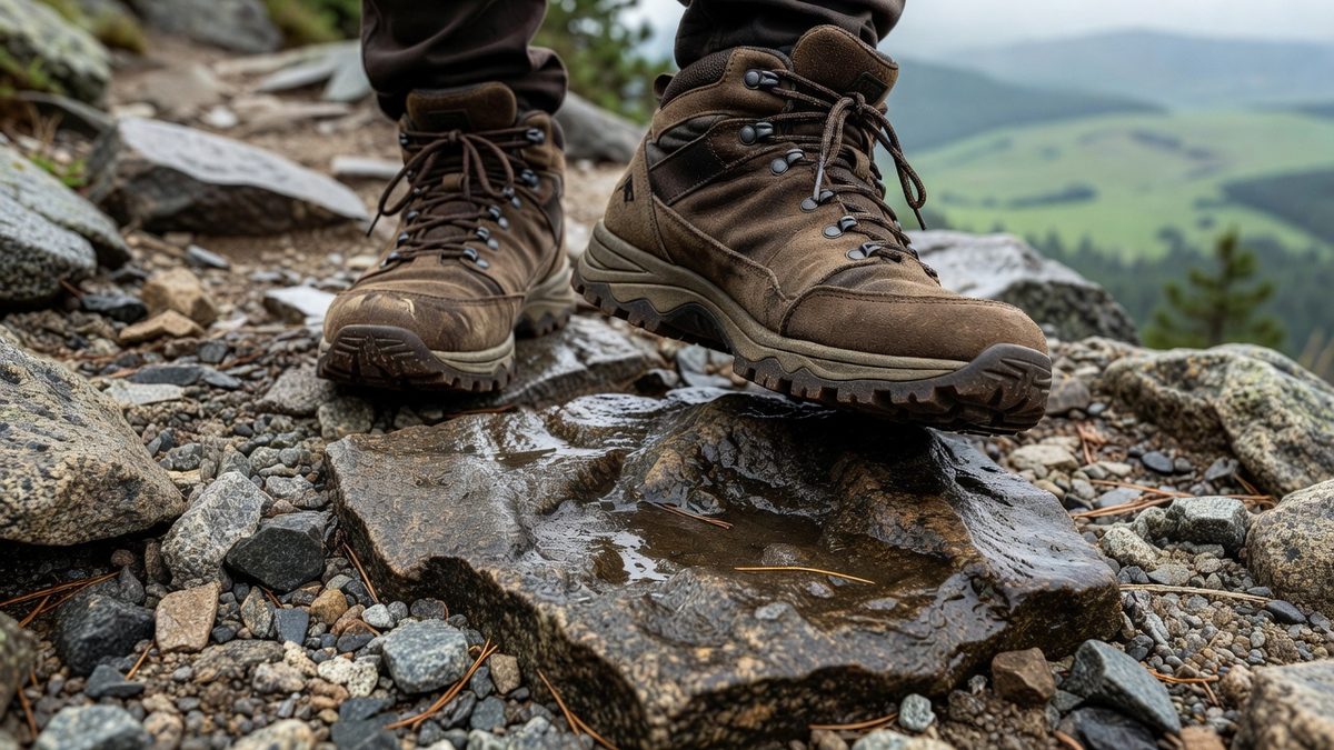Hiking shoes on a wet rocky trail, showing lugged outsole grip