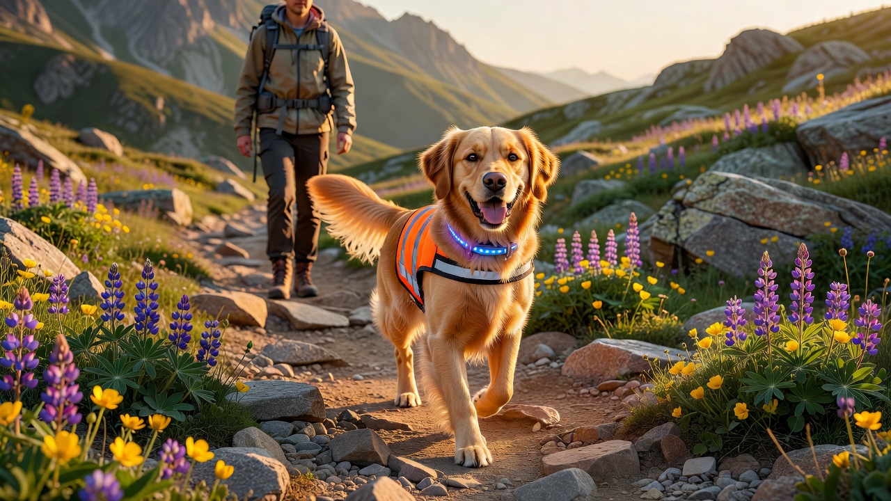 Golden retriever hiking safely on a mountain trail with reflective safety vest and LED collar
