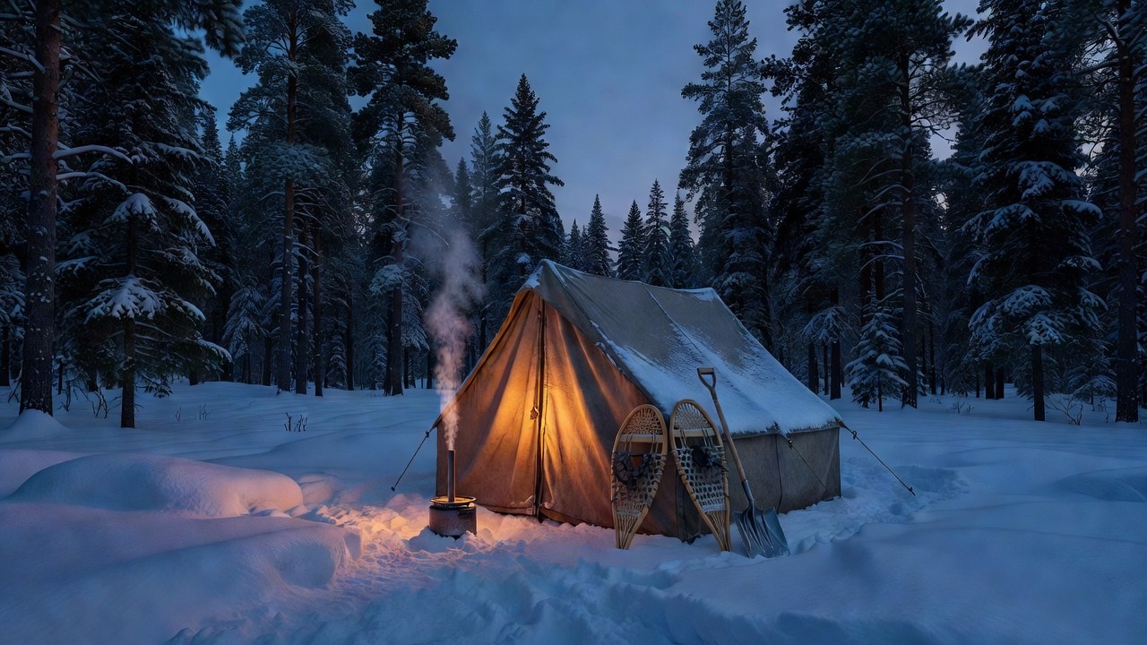 A hot tent pitched in fresh snow at dusk, warm light glowing through the fabric and thin smoke rising from the stovepipe