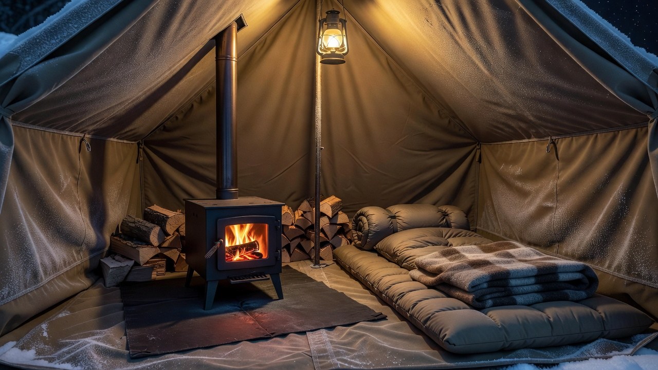 Interior of a hot tent at night with a small wood stove glowing, a sleeping pad and bag laid out on the floor and a lantern hanging