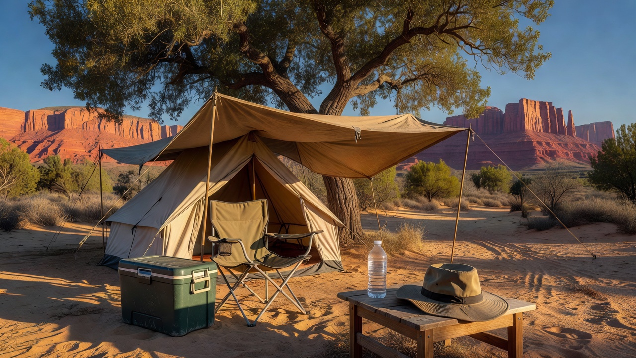 A shaded summer campsite with a tent under a tarp canopy, cooler and camp chair nearby, red rock mesas in the distance