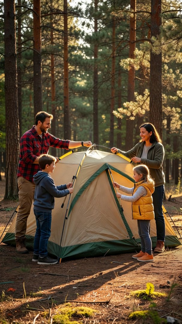 Family campsite with tent and chairs set up at golden hour