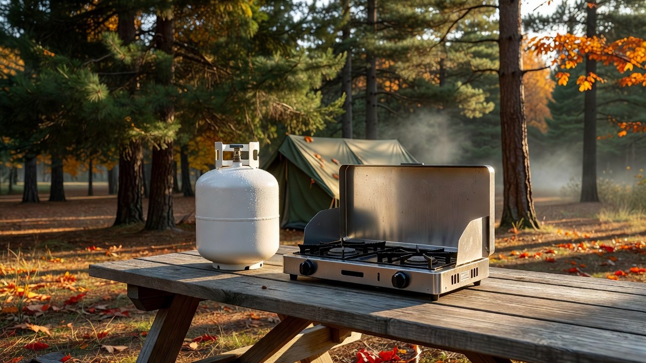 A full 20 lb propane tank beside a two-burner camp stove on an autumn campsite picnic table