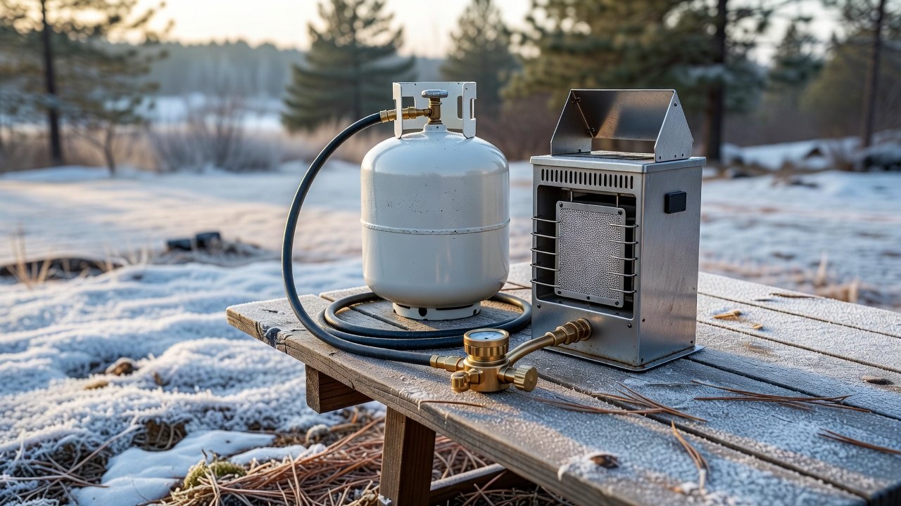 20 lb propane tank connected by hose and regulator to a portable heater on a campsite table