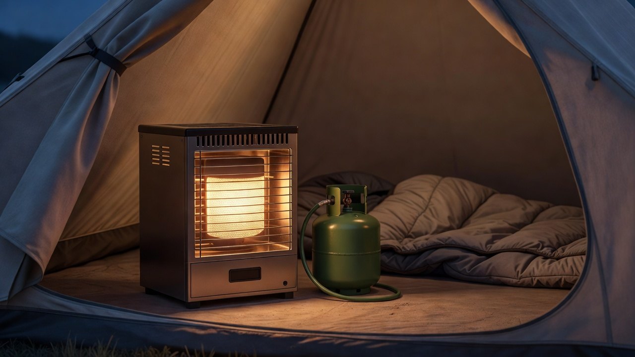 Portable radiant propane heater glowing inside a canvas tent at dusk