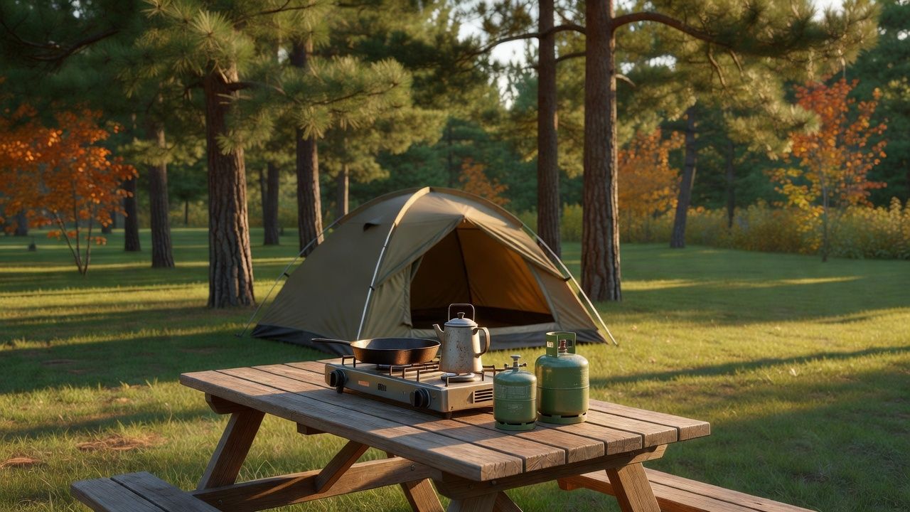 Two-burner camp stove and one-pound propane cylinders on a campsite picnic table at golden hour