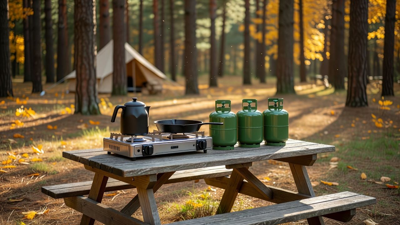 Two-burner camp stove and one-pound propane cylinders on a camp table, with a per-day fuel plan in view