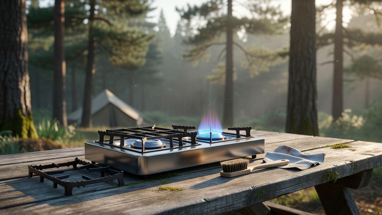 Clean camp stove burner with grate removed on a picnic table