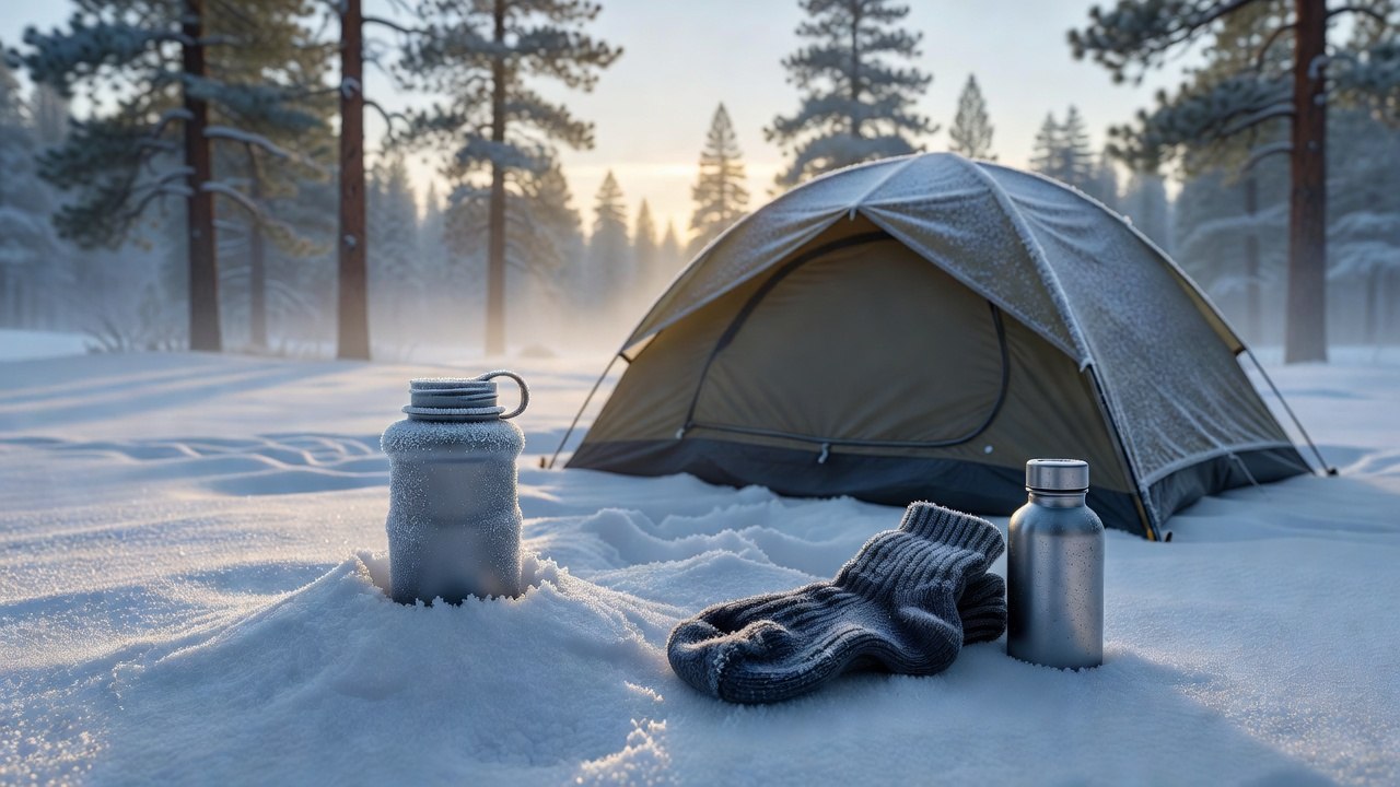 A wide-mouth water bottle and a steel thermos standing in fresh snow beside a frost-covered tent at sunrise