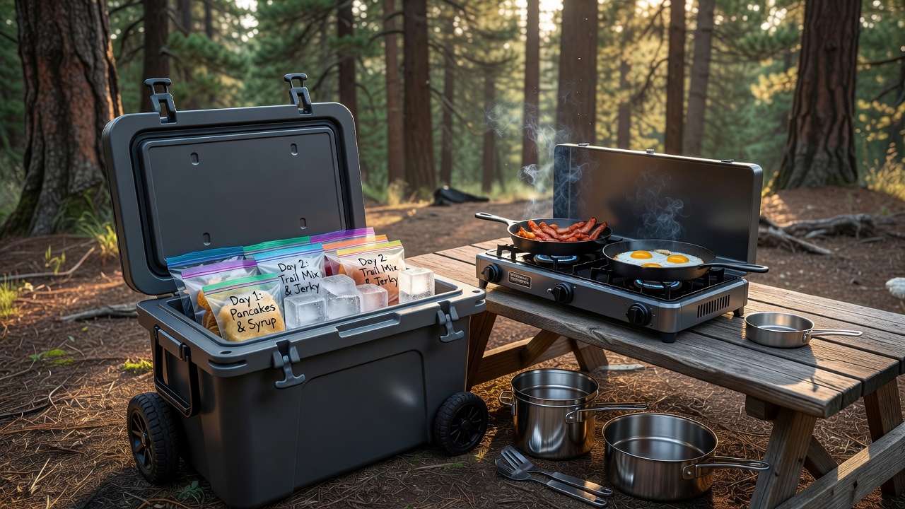 Camp cooler setup with camp stove cooking at a forest campsite, morning sunlight through pine trees