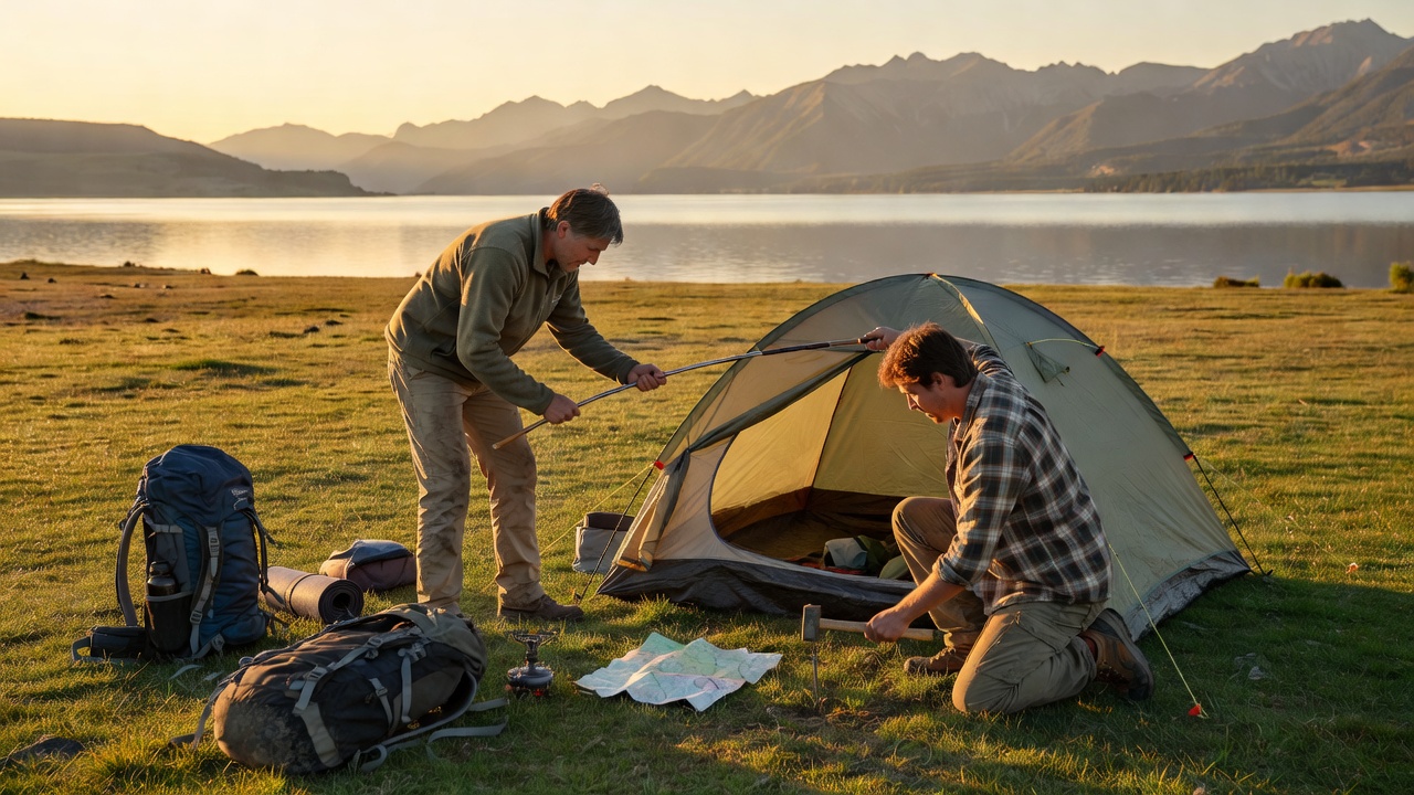 Two people setting up a dome camping tent at golden hour near a lake