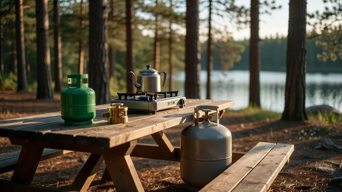 Refilling 1 lb propane bottles from a 20 lb tank at a campsite picnic table
