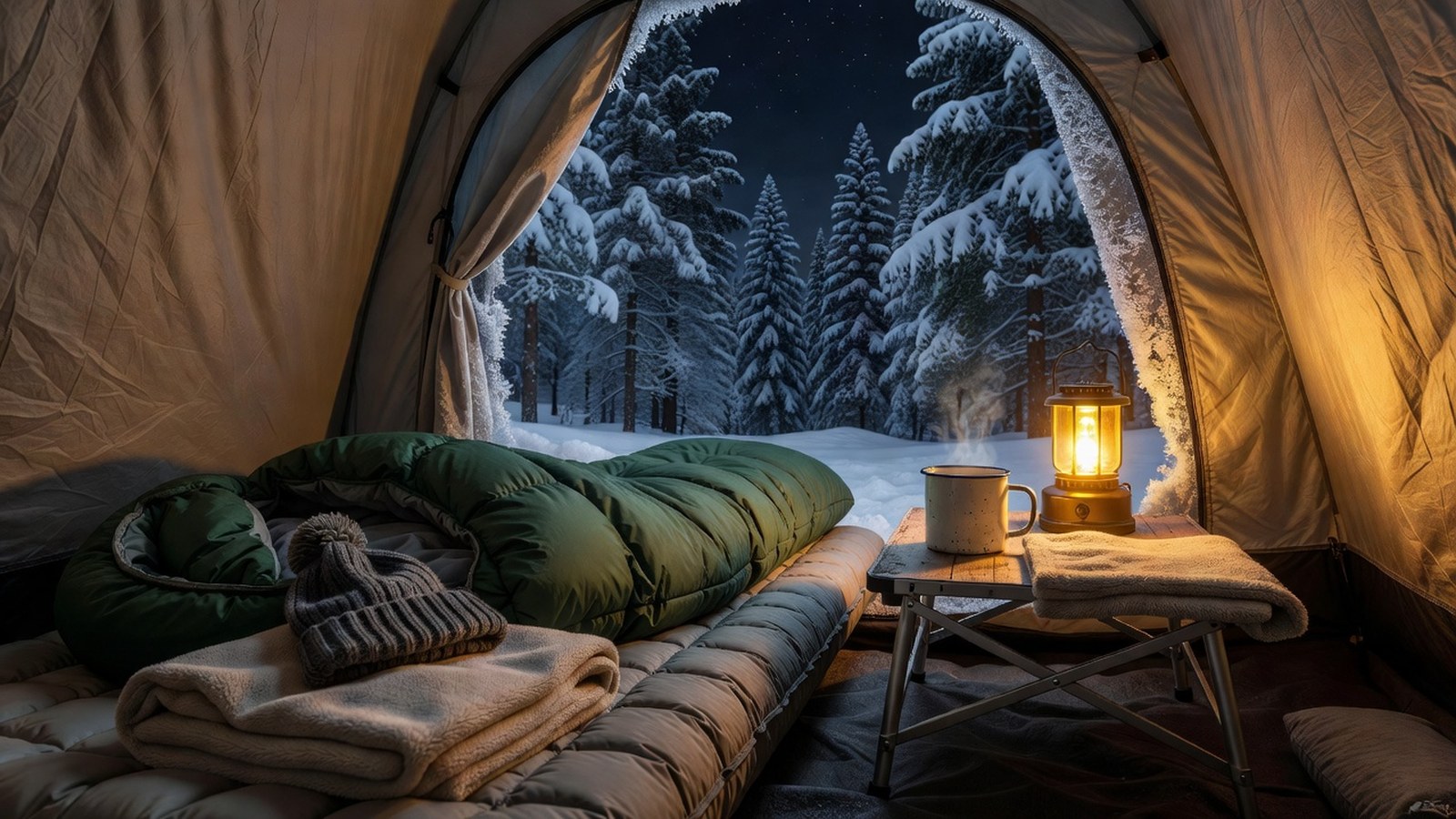 A cozy winter tent interior with an insulated sleeping pad, puffy sleeping bag, merino beanie and a warm lantern glowing on the camp table