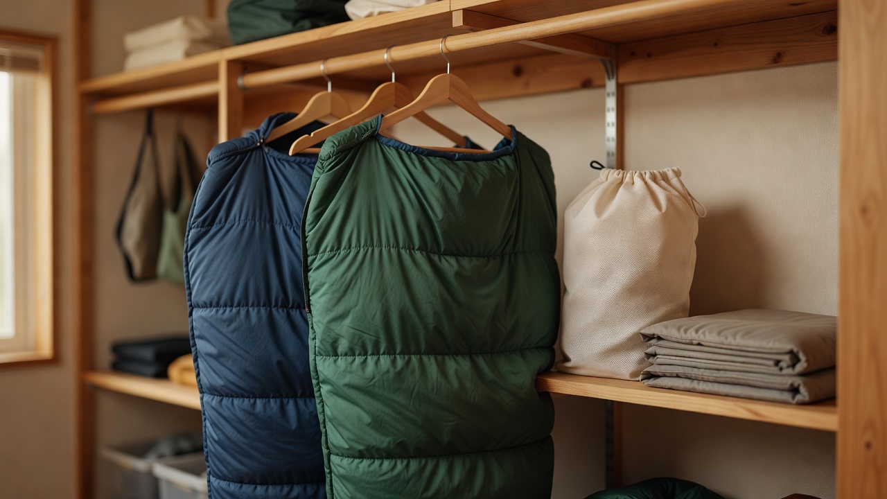 Two sleeping bags hanging fully lofted in a home gear closet next to a breathable cotton storage sack