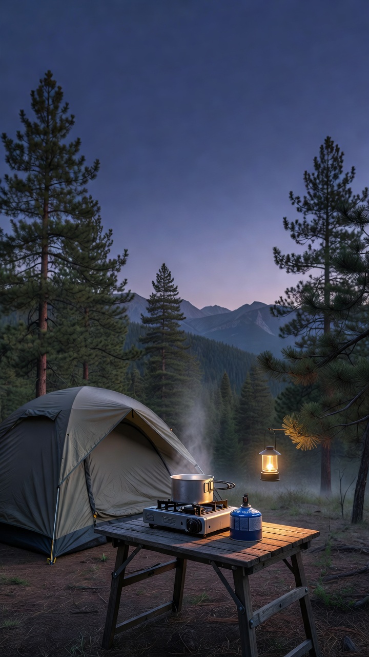 Two camp stoves side by side at a lakeside campsite in blue-hour light — one on a threaded isobutane canister, one on a propane tank