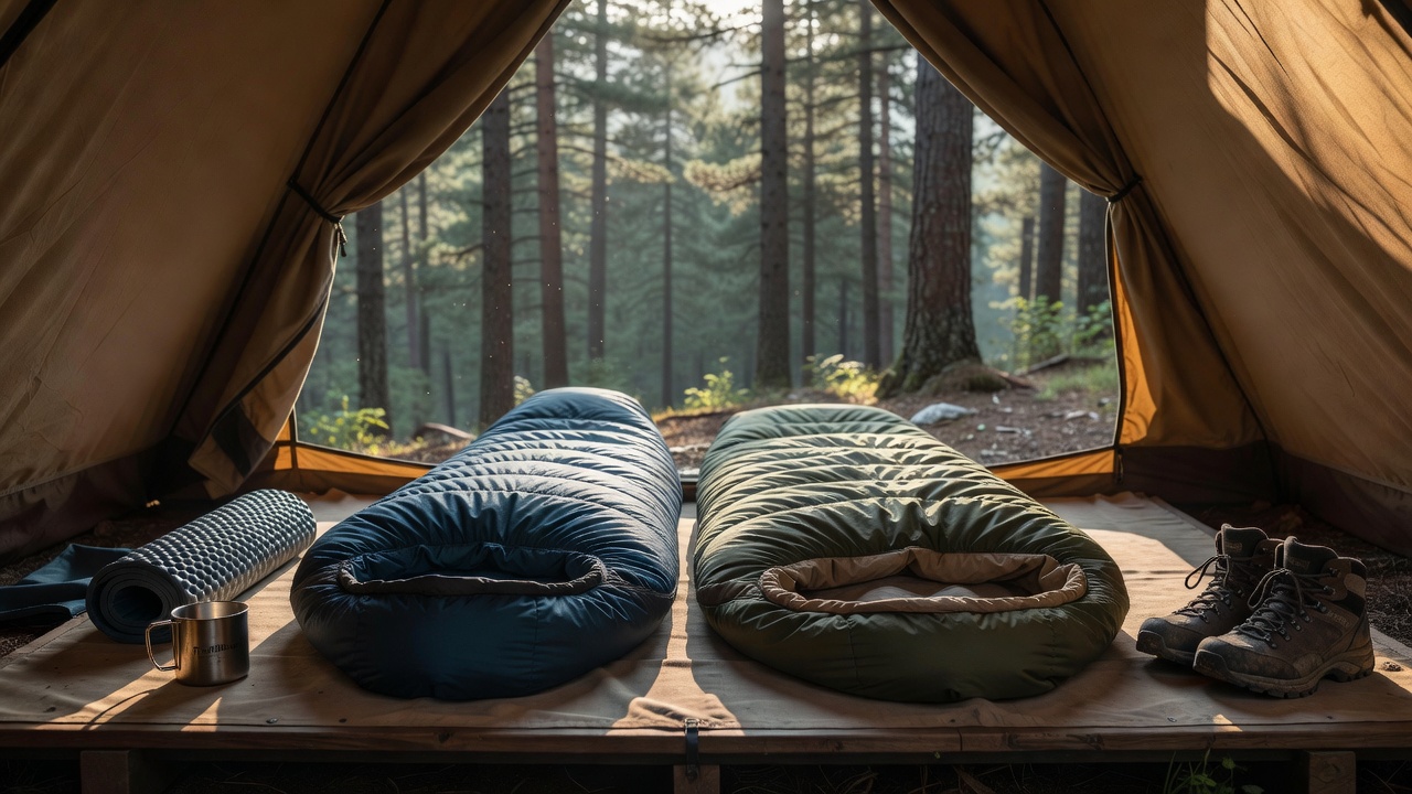 Two sleeping bags side by side in a canvas tent — mummy vs rectangular comparison