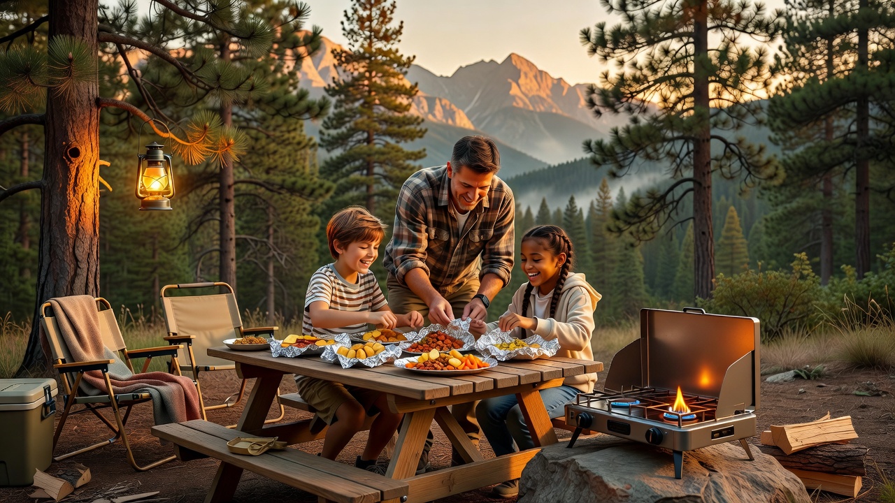 Kids helping assemble foil packet dinners at a campsite picnic table at golden hour