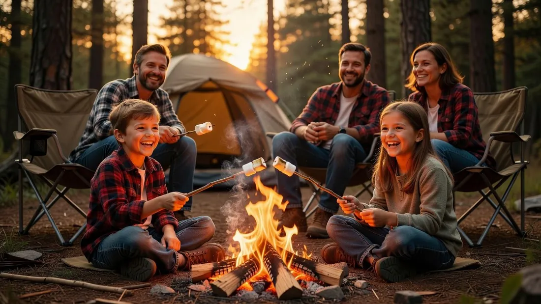 Two kids roasting marshmallows around a campfire with parents behind them