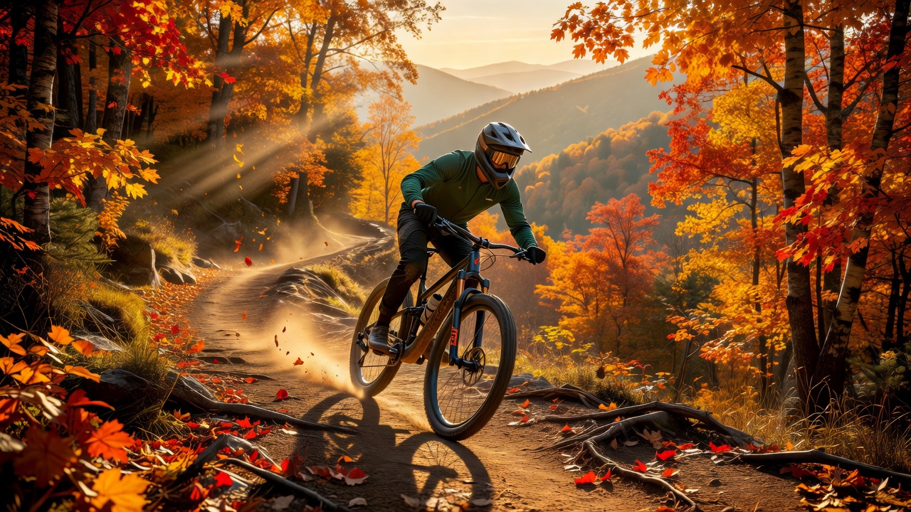 A family cycling along an autumn trail lined with golden fall foliage