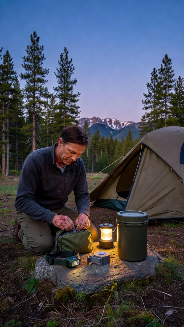 Camping safety kit laid out beside a heater and propane cylinder