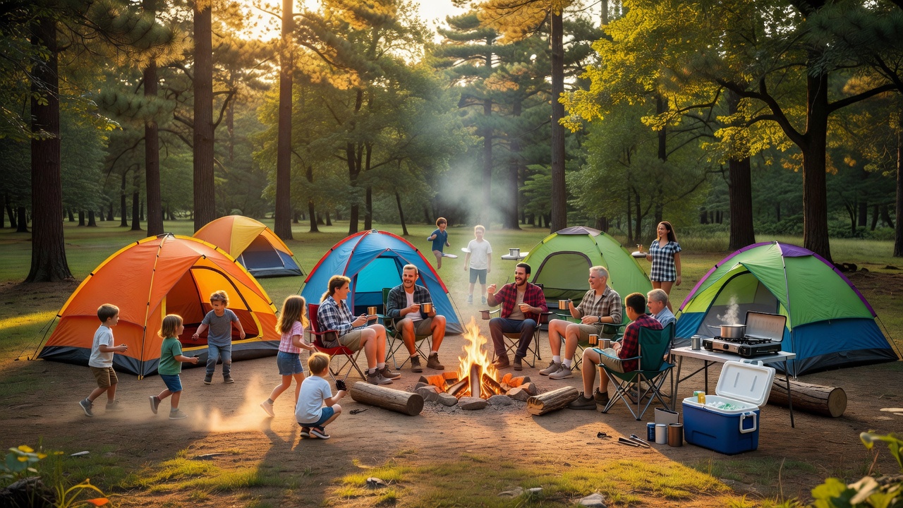 Multiple colorful camping tents in a forest clearing at golden hour β group camping with multiple families brings shared joy and shared gear