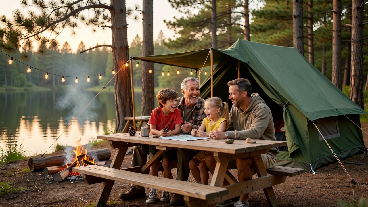 Three generations camping together at a family campsite