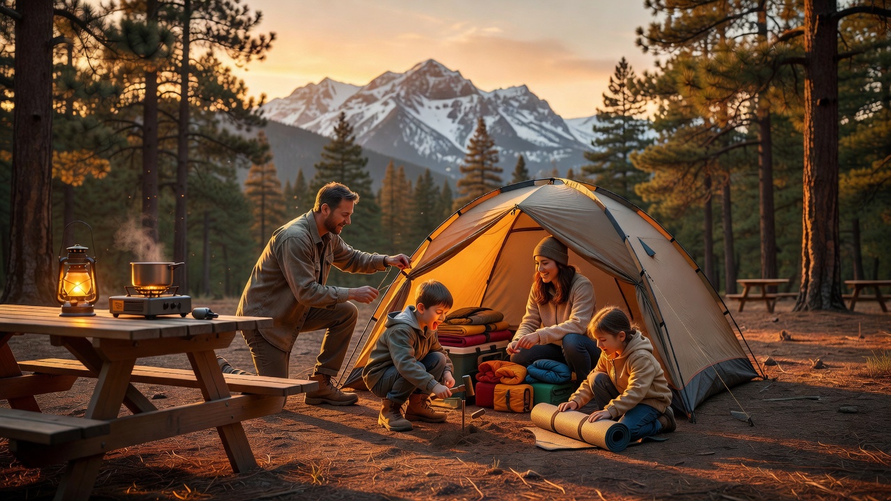 Family setting up camp at a national park campground during golden hour with mountains in background