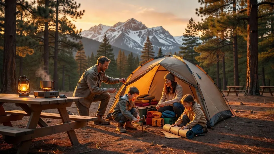 A family setting up their tent at a national forest campsite below snow-capped mountains at golden hour
