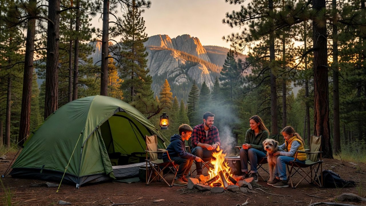 Family campsite at golden hour in a national park โ dome tent, campfire, and mountain views