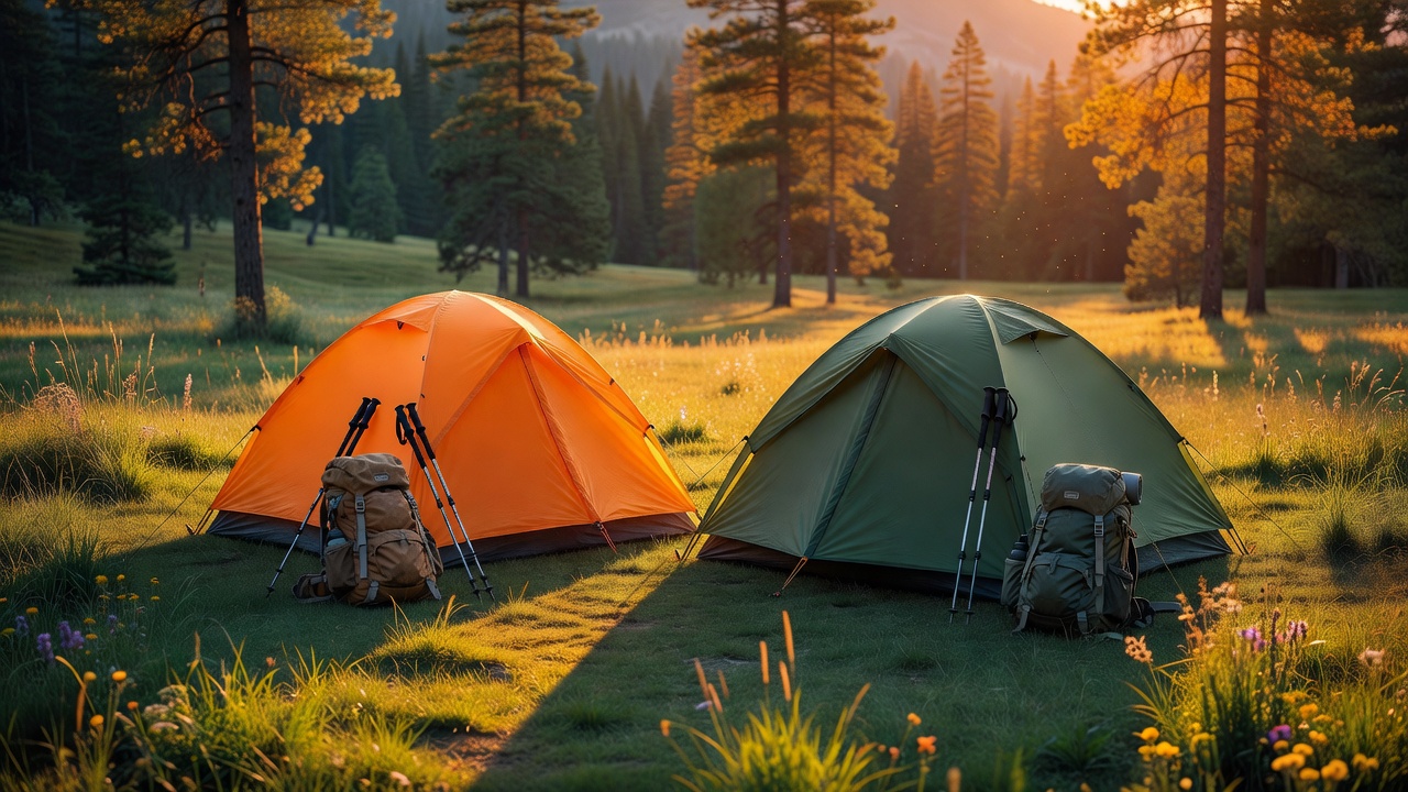 Two backpacking tents side by side in a mountain meadow with hiking gear