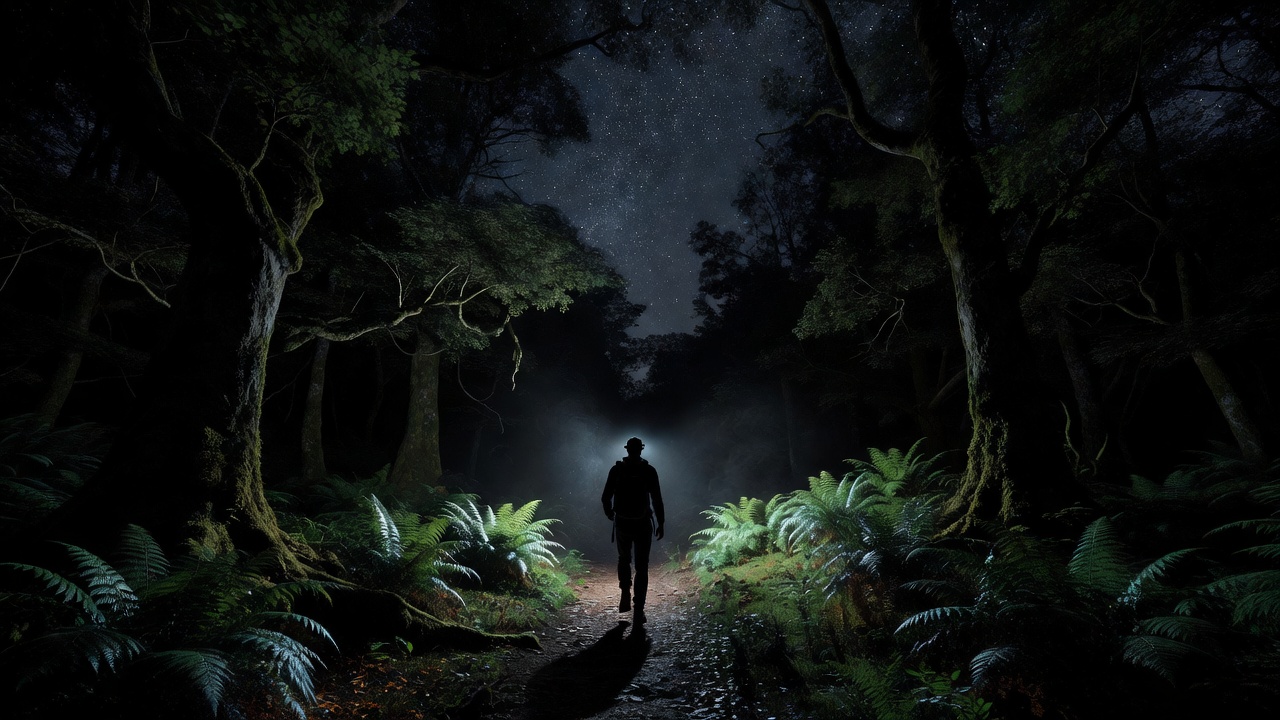 Night hiker on a forest trail with headlamp illuminating the path ahead β essential night hiking gear makes the difference between a great experience and a miserable one