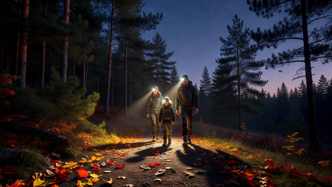 Family hiking a forest trail at dusk with headlamps glowing