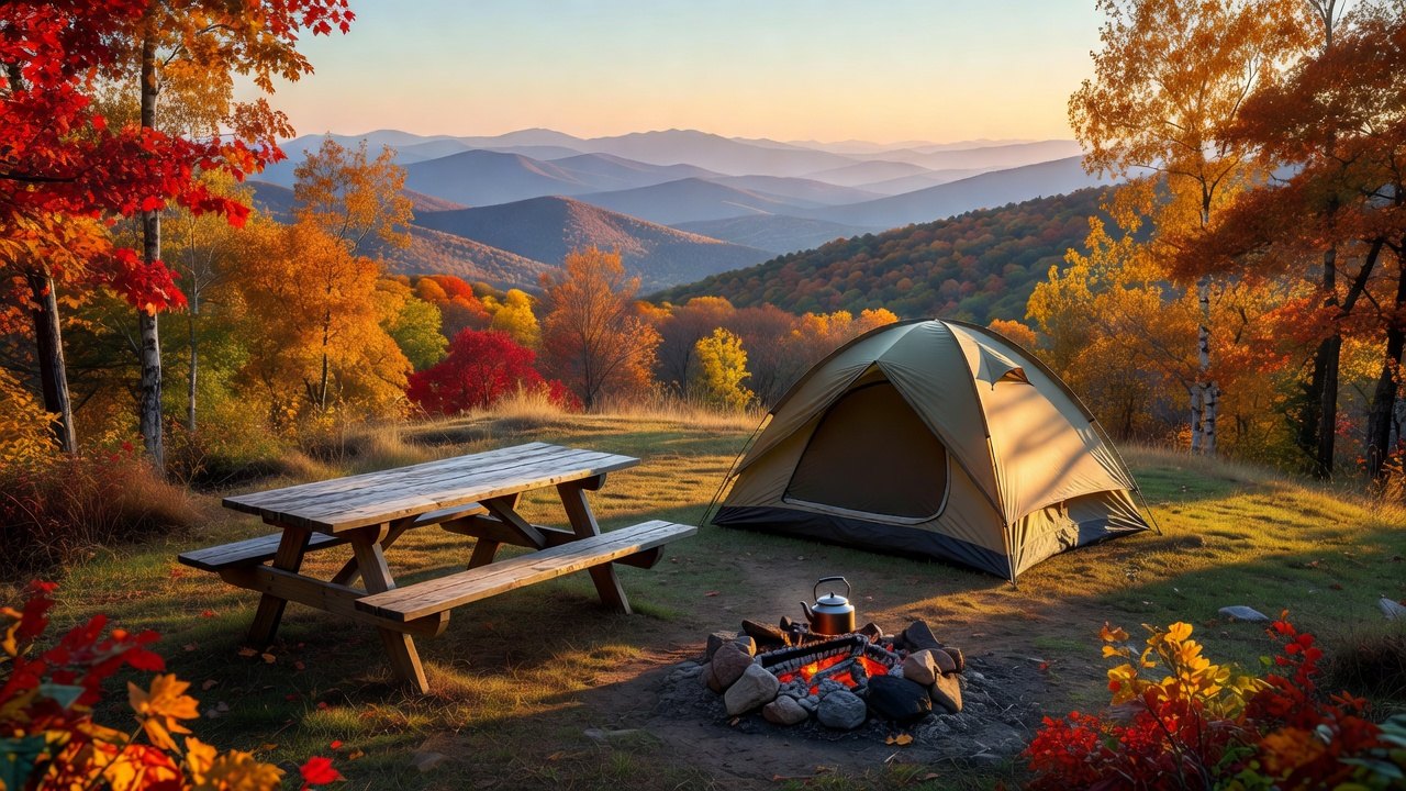 A family tent on a grassy ridge campsite in the North Carolina mountains during peak October color, layered ridges fading into haze at golden hour