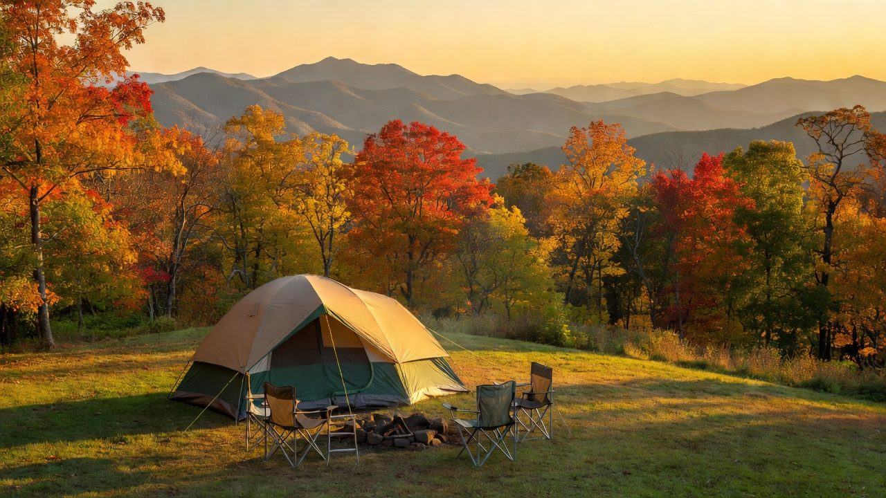 A family tent, camp chairs and a fire ring on a grassy ridge campground in the Blue Ridge Mountains of North Carolina at peak October color