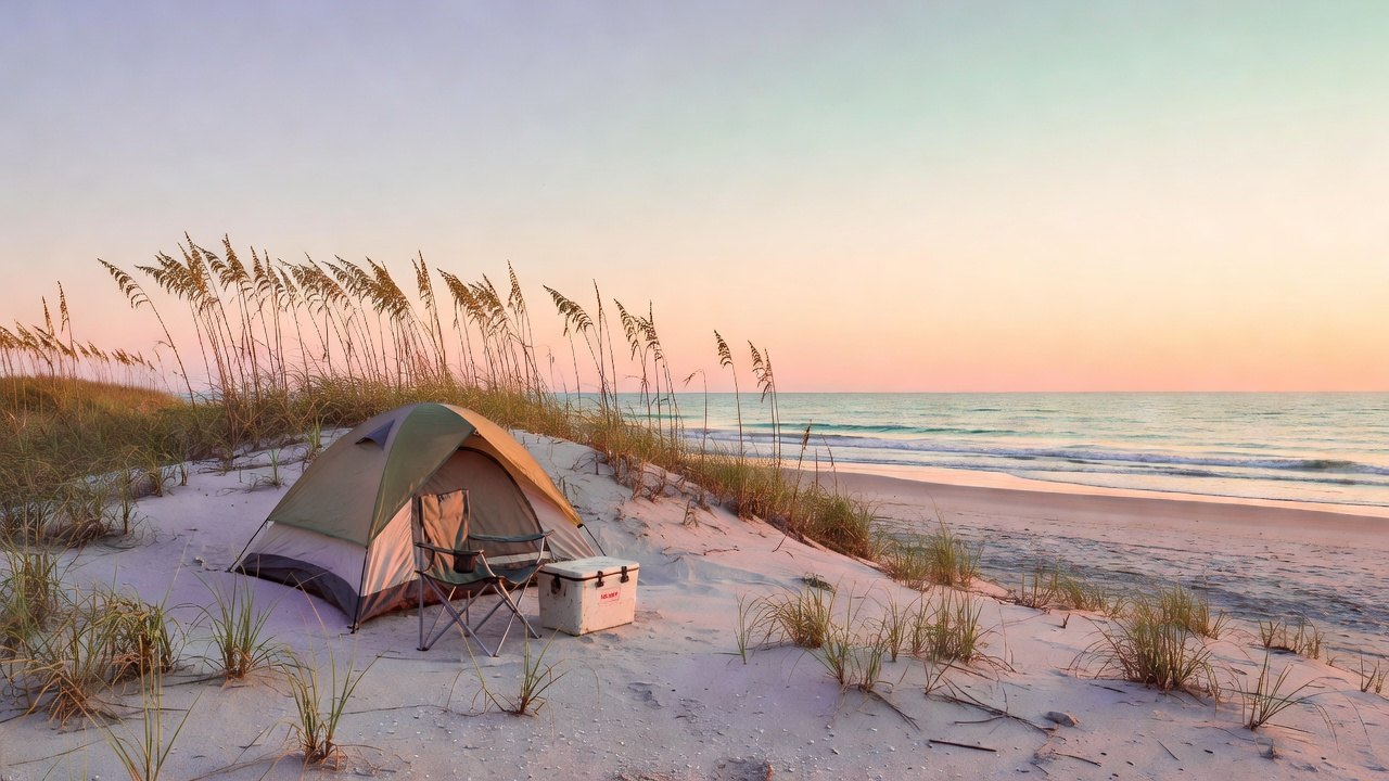 A small tent on pale sand behind a dune with sea oats on a North Carolina barrier island at sunset, calm Atlantic surf beyond