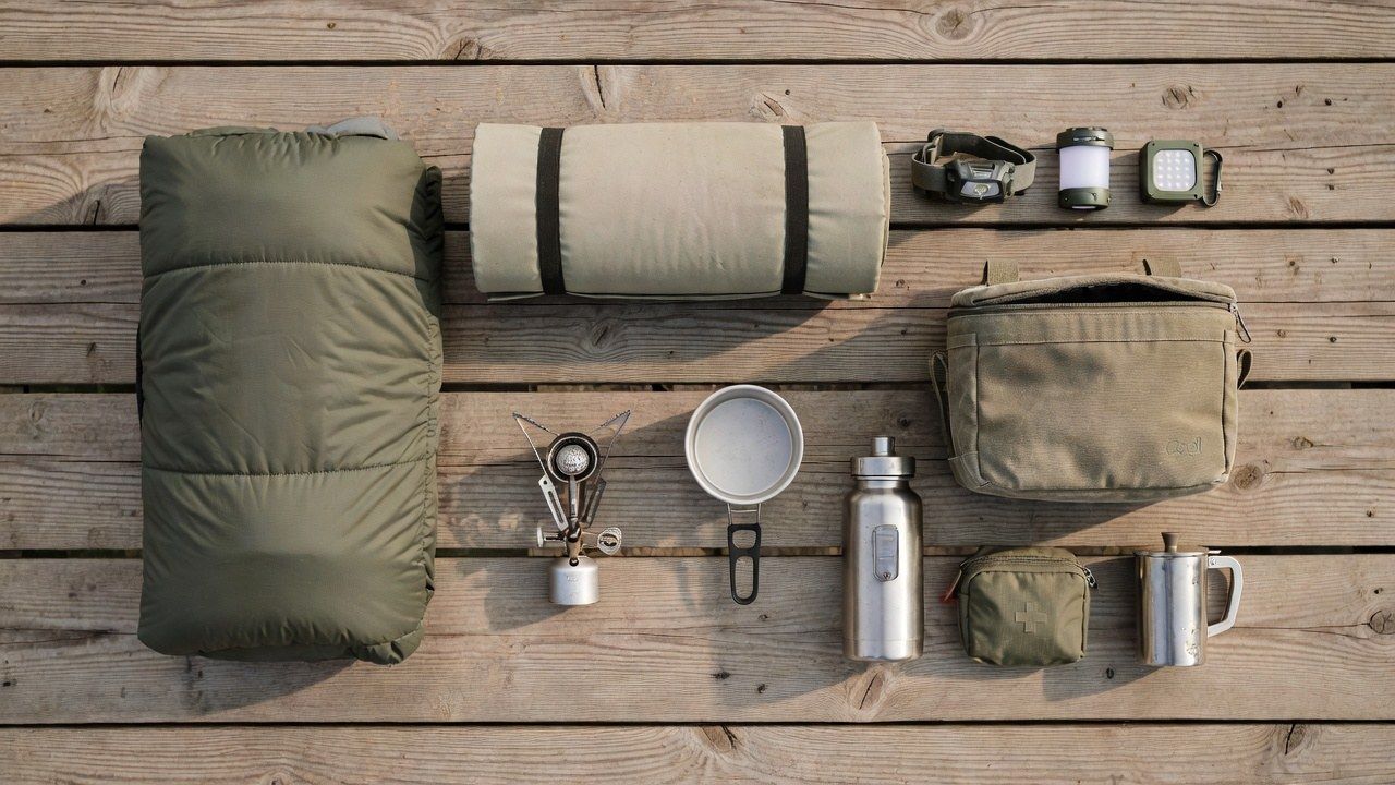 A flat-lay of a compact one-night camp kit: sleeping bag, pad, single-burner stove, pot, lanterns, headlamp, cooler bag and water filter