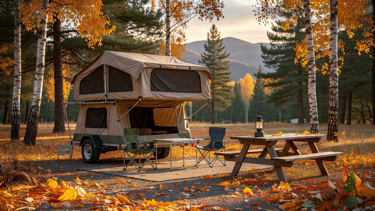 A family pop-up camper set up at a fall campground in late afternoon light