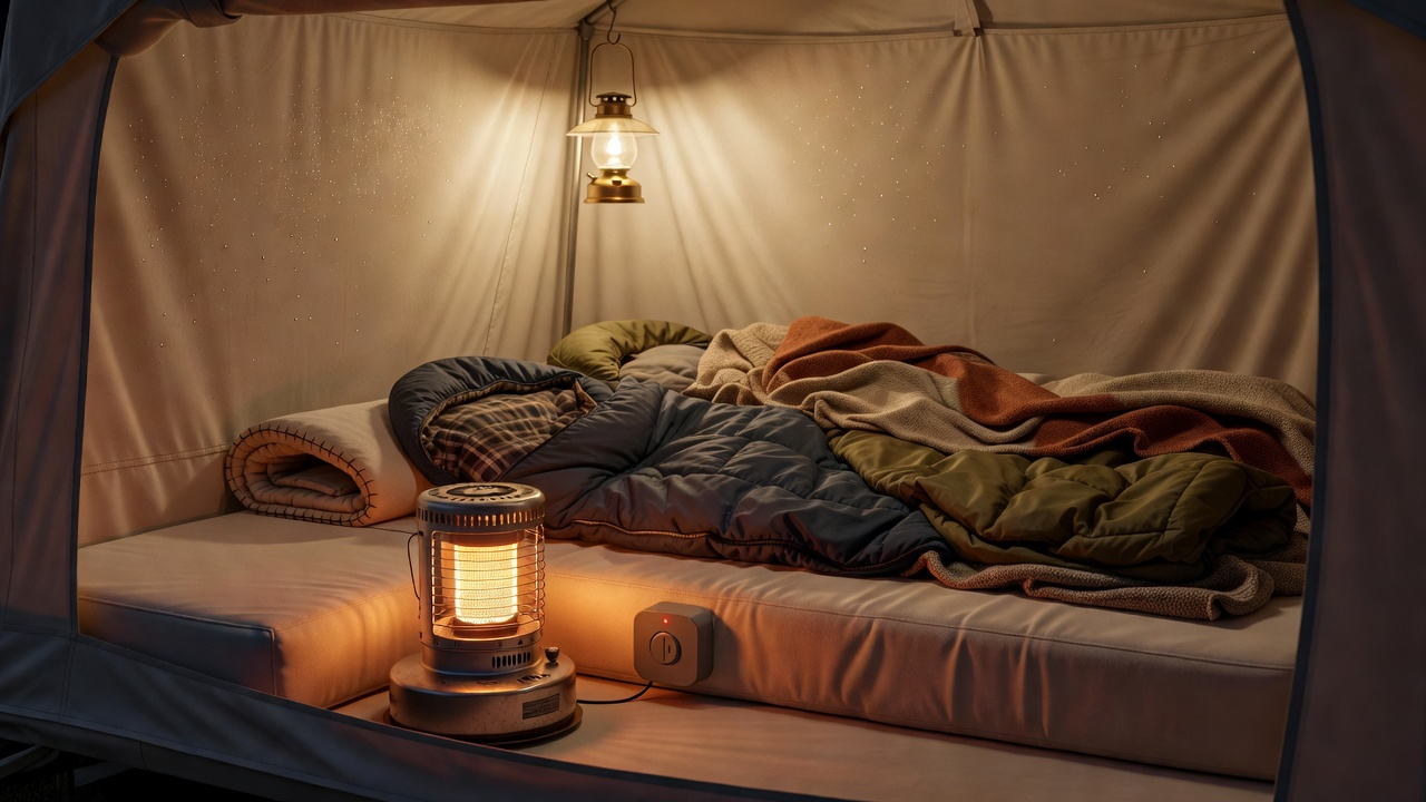 Inside a pop-up camper bunk end on a cold night: sleeping bags, a small radiant heater and a carbon monoxide detector