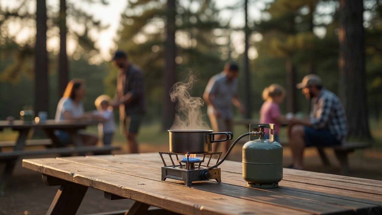 A camp stove boiling water beside a green propane cylinder on a campsite picnic table at golden hour